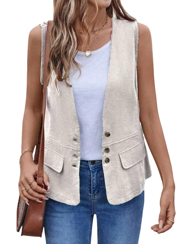 Womens Cotton Linen Vest Casual Lightweight Button Down Sleeveless Jackets Tops-image-20