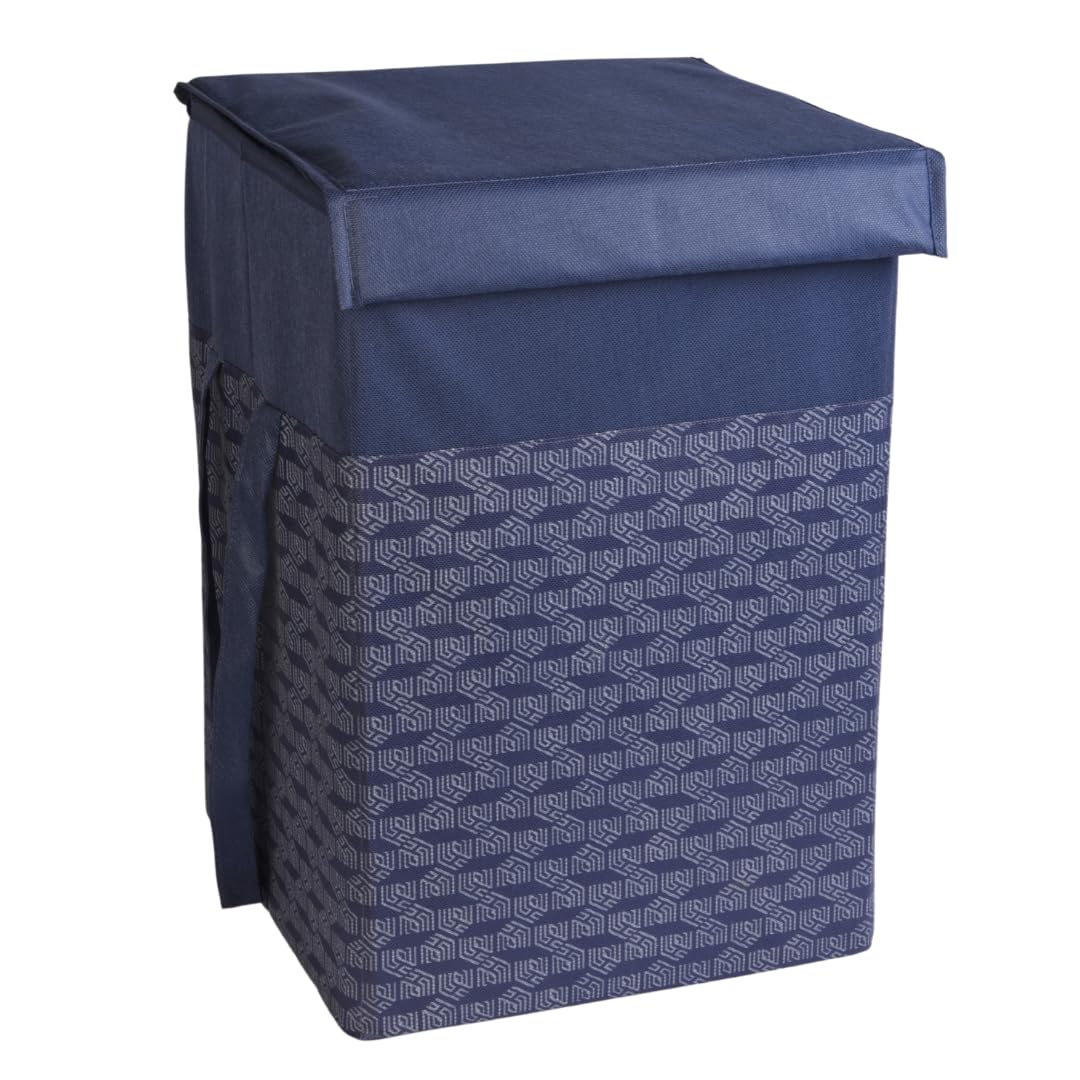 HomeStrap Printed Foldable Laundry Bag/Bin Basket With Lid With Front Handle (75 Litres | Navy Blue)(Polypropylene), 59 cm, 35.6X35.6 cm