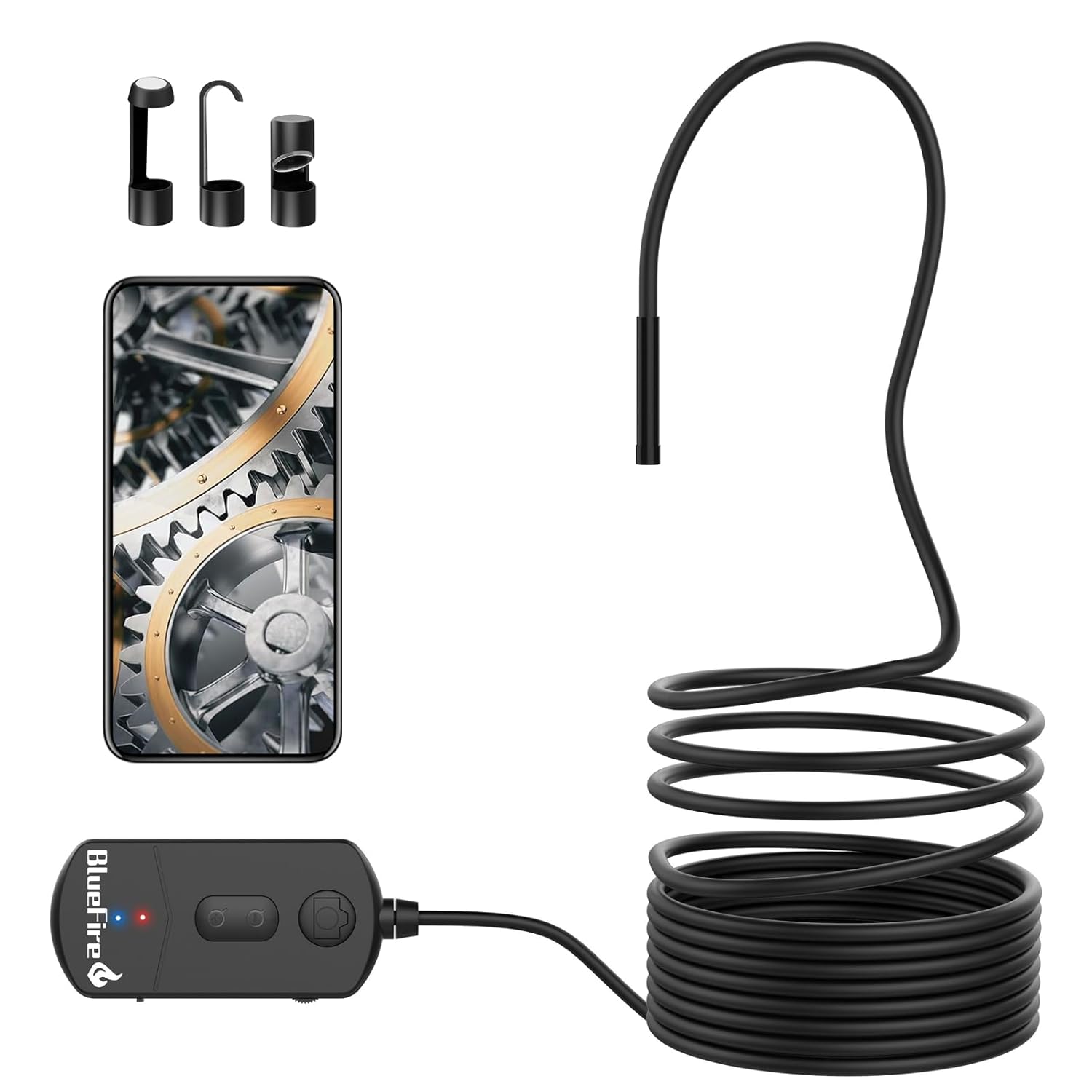 BlueFire Upgraded 1080P 5.5mm Semi-Rigid Inspection Camera, 2 MP HD WiFi Borescope Snake Camera, Zoomable Focus 1800mA Battery Wireless Endoscope for Android and iOS Smartphone, Tablet (11.5FT)