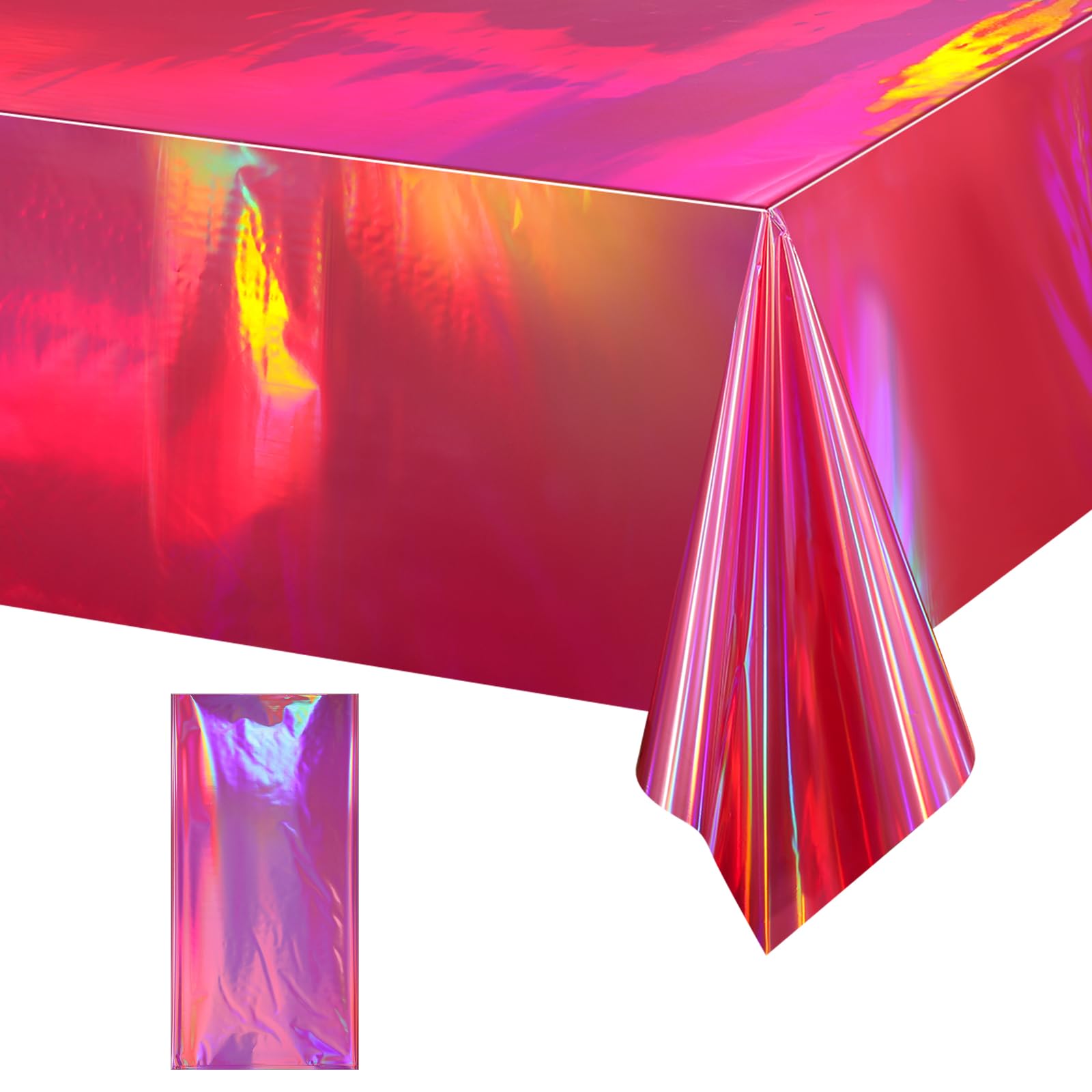 1 Pack Hot Pink Iridescence Plastic Tablecloths Shiny Disposable Laser Rectangle Table Covers Holographic Foil Tablecloth Iridescent Party Decorations Birthday Bridal Wedding Christmas, 54 x 108 Inch