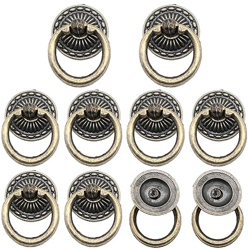 10個 アンティークブロンズリングプル 34mm/1.34インチ リング直径 シングルホール ドロップリングノブ ネジ付き ドレッサー引き出し キャビネット 食器棚用