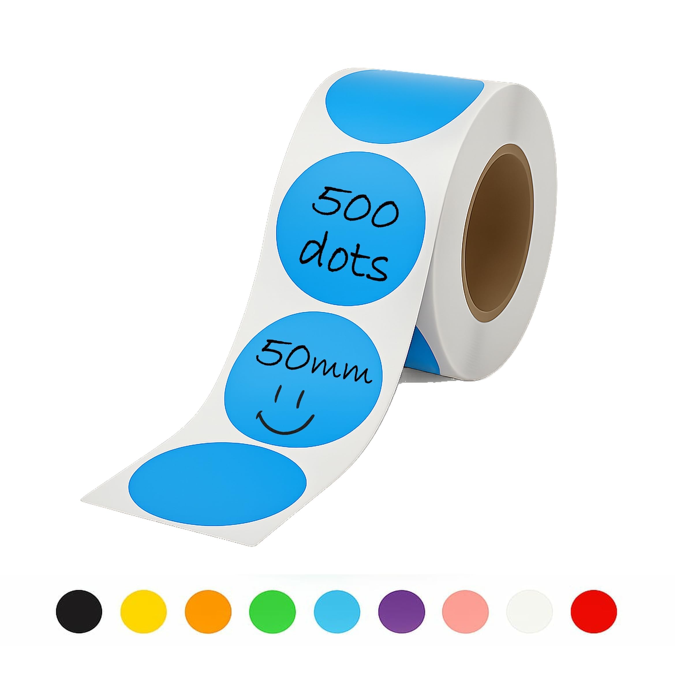 Rubigo 50mm Coloured Circle Stickers - 500 Round Stickers - 10 Colours, Writable, Durable Sticky Labels on a Roll for Moving House, Warehouse, Crafts. Semi Gloss (Cyan Blue)