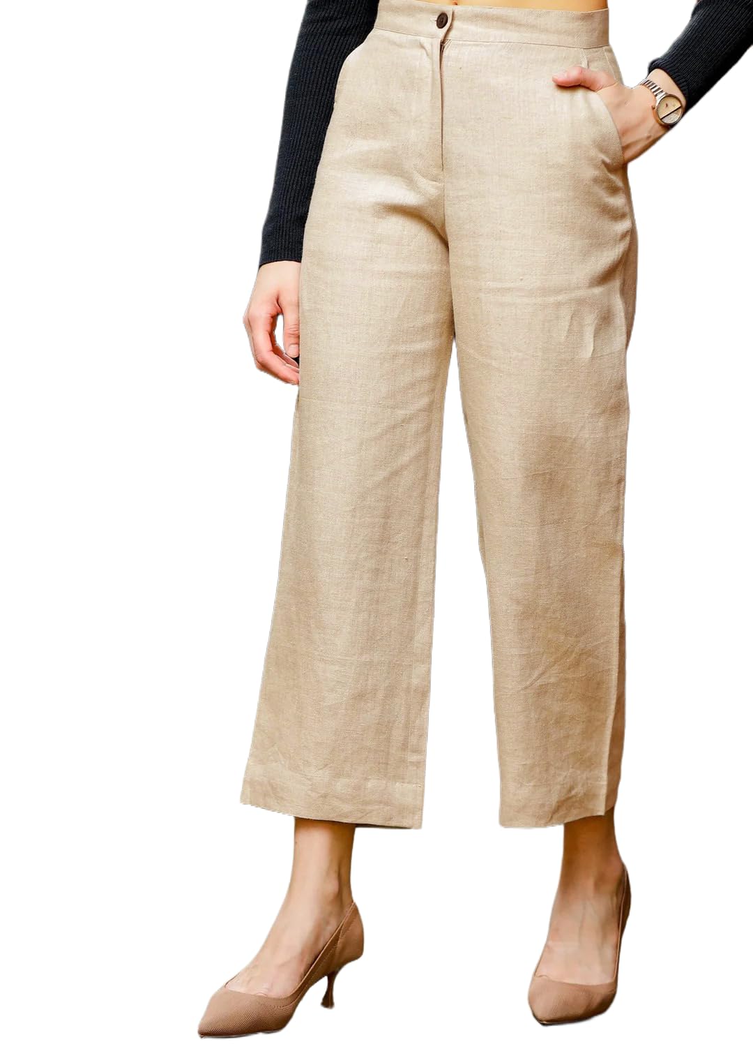 Highlander Women Cotton Linen Blend Straight Fit Trousers | High Waist Casual Office Pants | Solid Ankle Length Bottom Wear in neutral