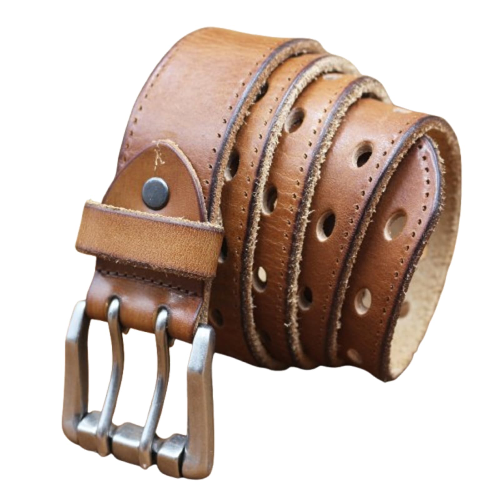 Ceinture De Travail pour Homme Cuir Pleine Fleur Très Résistant Aspect Vieilli Ceinturon Boucle à Double Ardillon, Sangle De Taille à 2 Trous(120cm/47, Brown)
