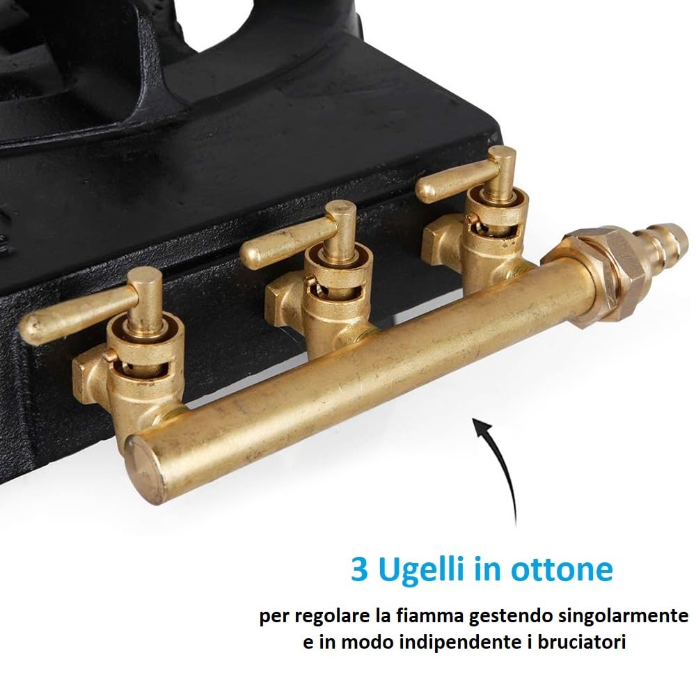 Paluplus Fornello a Gas in Ghisa con 4 Piedi, Misura 40x30x16,5 cm, Bruciatore da 180 mm, 3 Rubinetti in Ottone per Regolazione della Fiamma, Fornellino per Campeggio, Picnic, Potenza 9Kw - VULC3