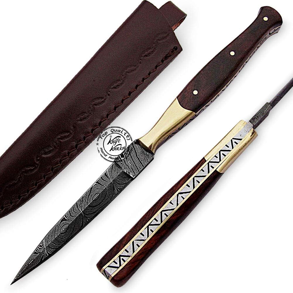 Beautiful Rose Wood Damascus Slim Dagger Hunting Knife, Double Edge, Fixed Blade Hunting Knife for EDC, Camping, Outdoor Survival Hunting Accessories, Gifts for Men, Boyfriend, Dad, Father’s Day Gift, 100% Prime Quality