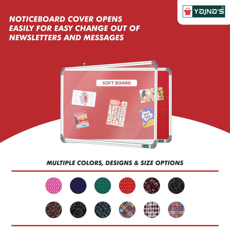 Image of YAJNAS 2X6 Feet Premium Material Red Designed Notice Board with Acrylic Door /Soft Board /Bulletin Board /Pin-up Display Board for Study Room, Office, School & Home Use
