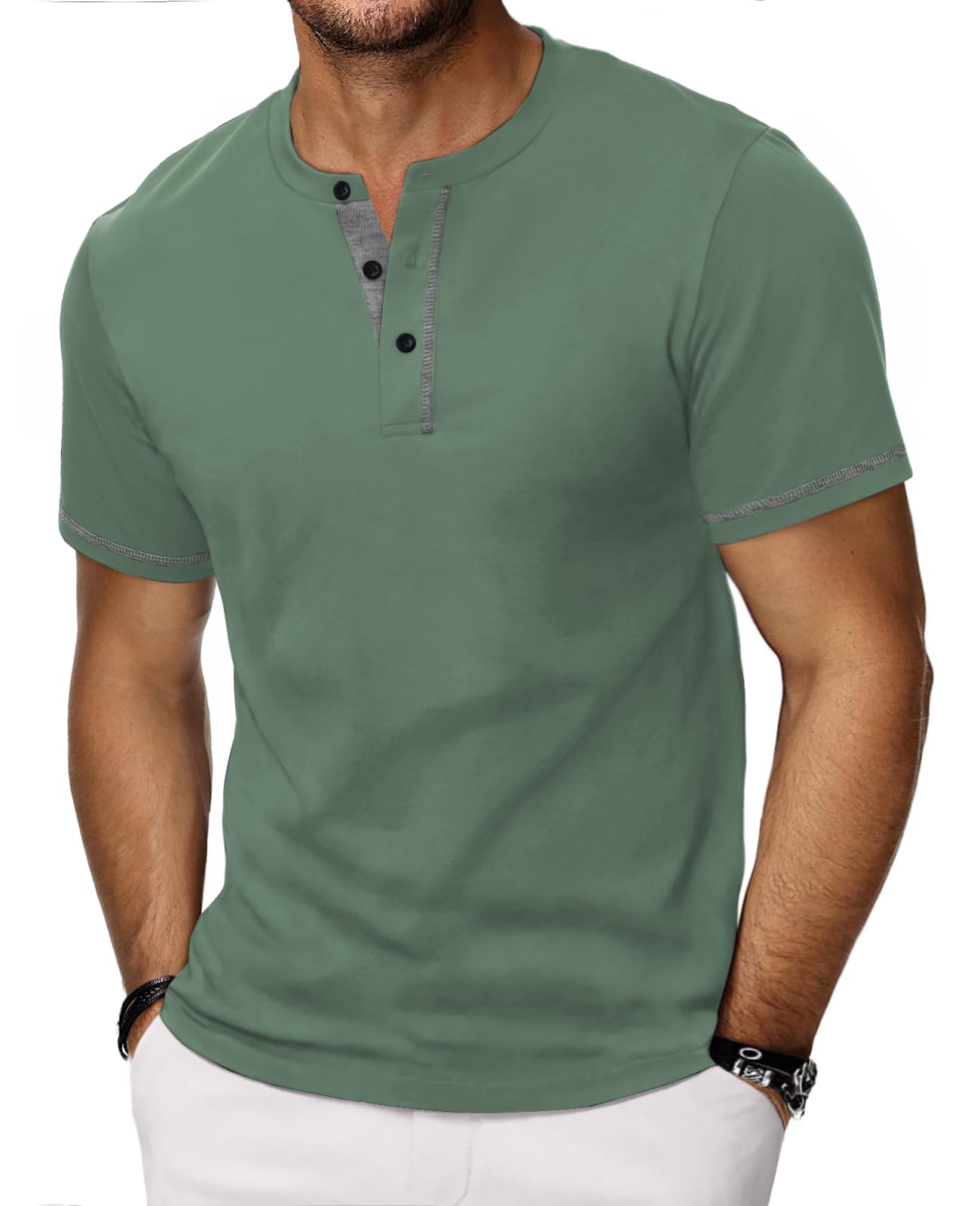 HMIYA Henley Kurzarm T-Shirts für Herren Sommerhemd Baumwolle Knopf Color-Blocking-Ärmeln T-Shirt für Männer