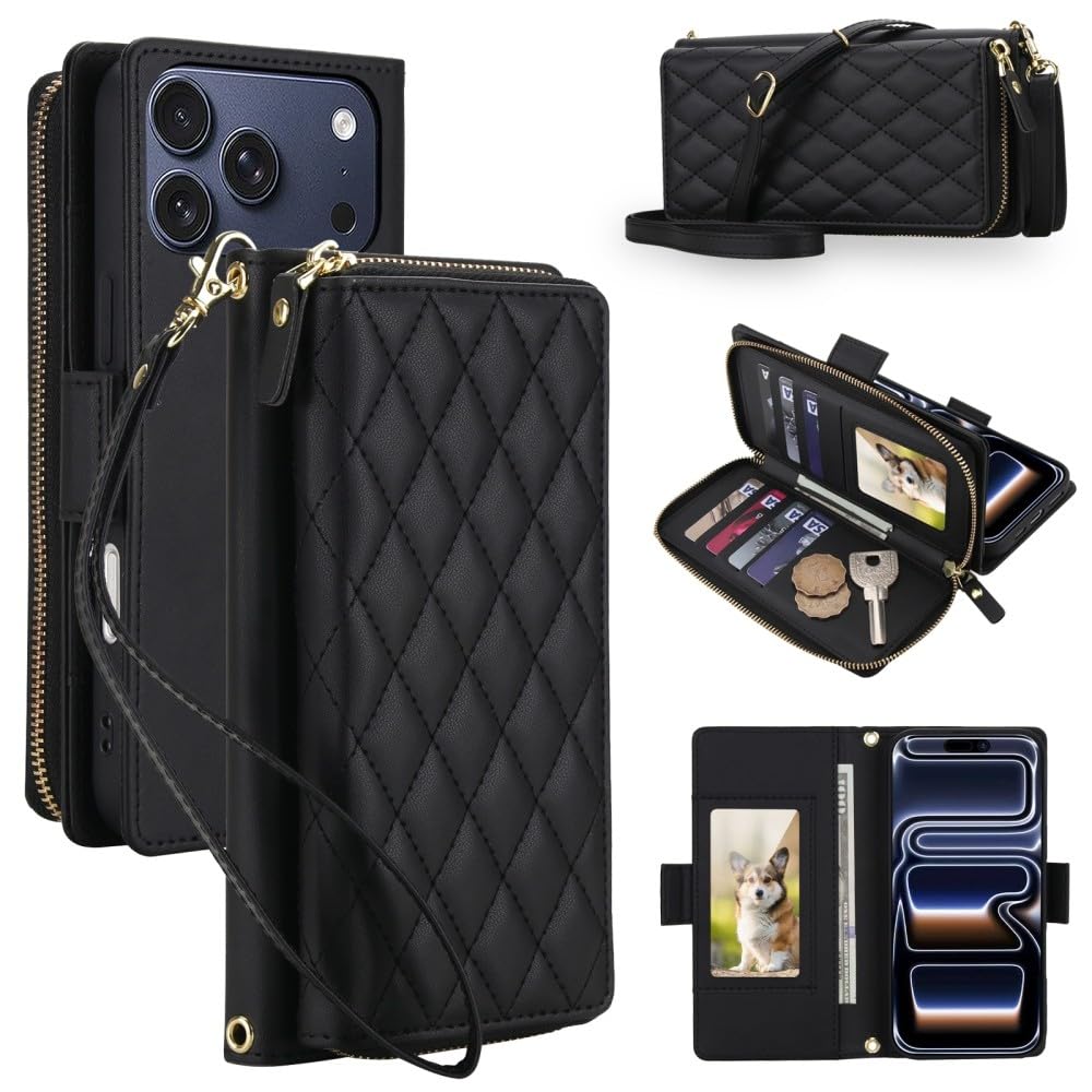 Funda compatible con iPhone 11 Pro Max (color negro) Funda tipo cartera con correa de piel con correa de hombro