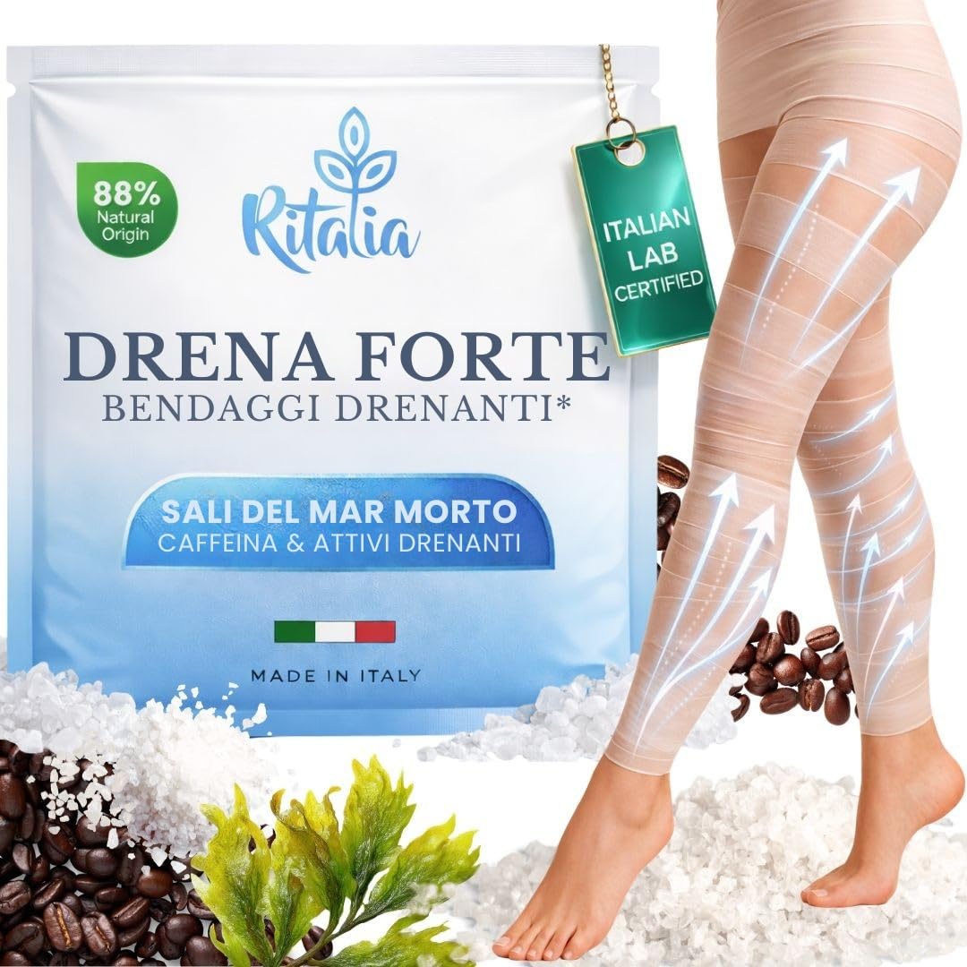 Bendaggi Drenanti Gambe Ritalia® Bende Drena Forte con 37% Sali del Mar Morto – Trattamento Anticellulite e Drenaggio Linfatico per Ritenzione Idrica – Bendaggio Freddo Riutilizzabile fino a 3 Volte
