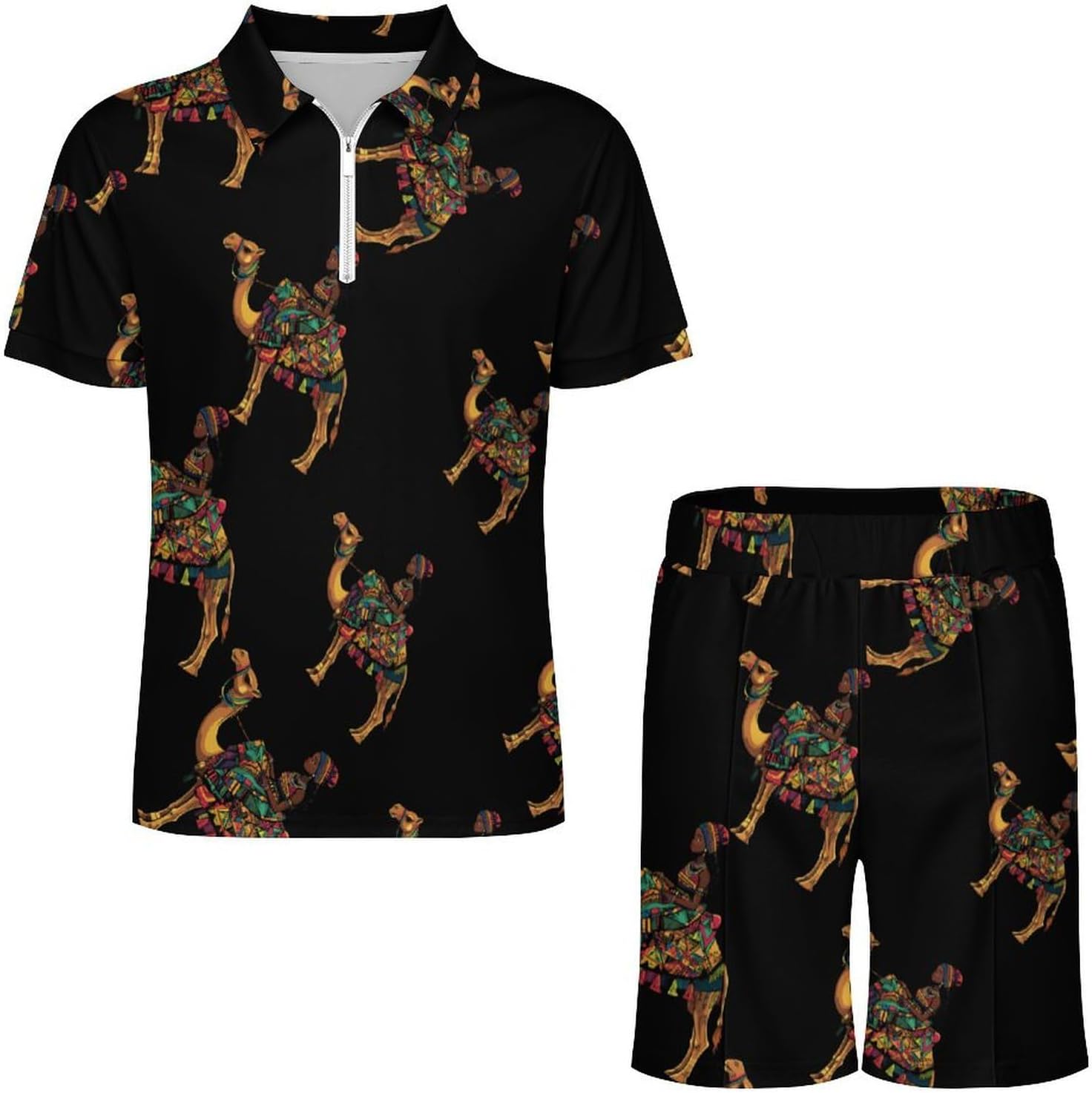 African Girl Sitting On Ca-mel Mens Polo Shirts Track Suits 2 Piece Short Sleeve Sweatsuit 1/4 Zip Golf Loungewear for Sports