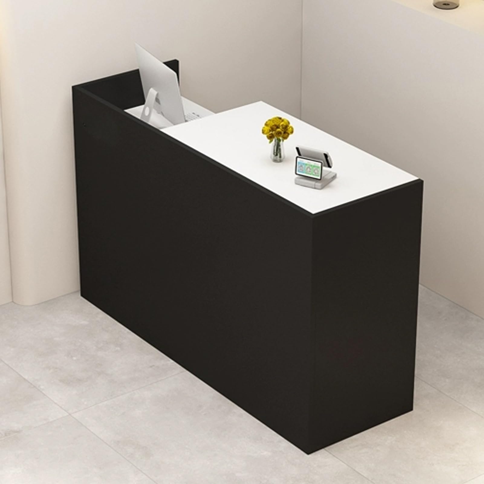 Recept Desk con vassoio per tastiera, bancone di benvenuto in legno con boohelf aperto, tavolo da ufficio nero, 90 x 50 x 100 cm, design moderno per aziende