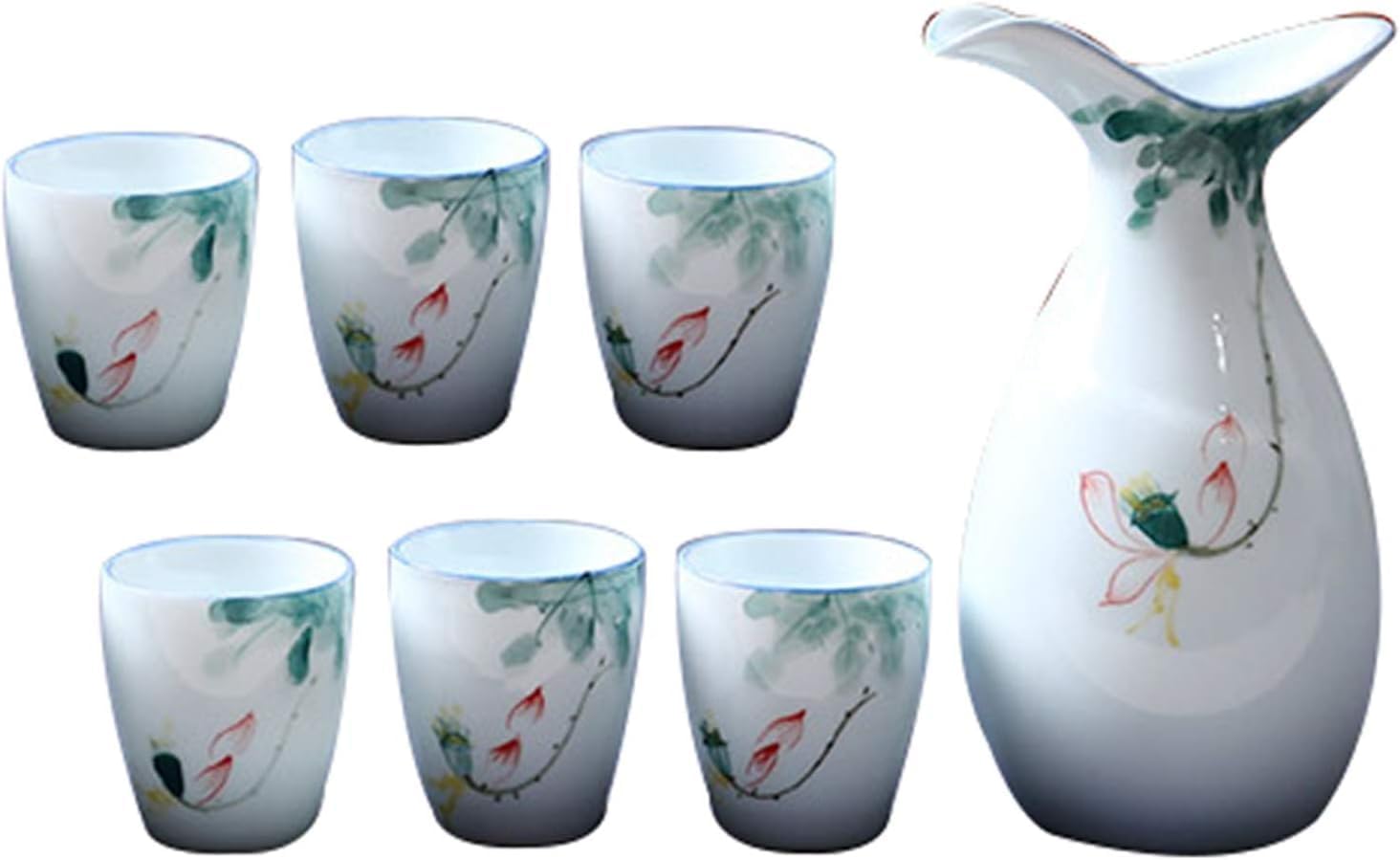 Japanese Sake Cup Set 7 Piece Traditional Ceramic Crafts Cups with 1 Sake Serving Bottle and 6 Sake Cups,D,D,A
