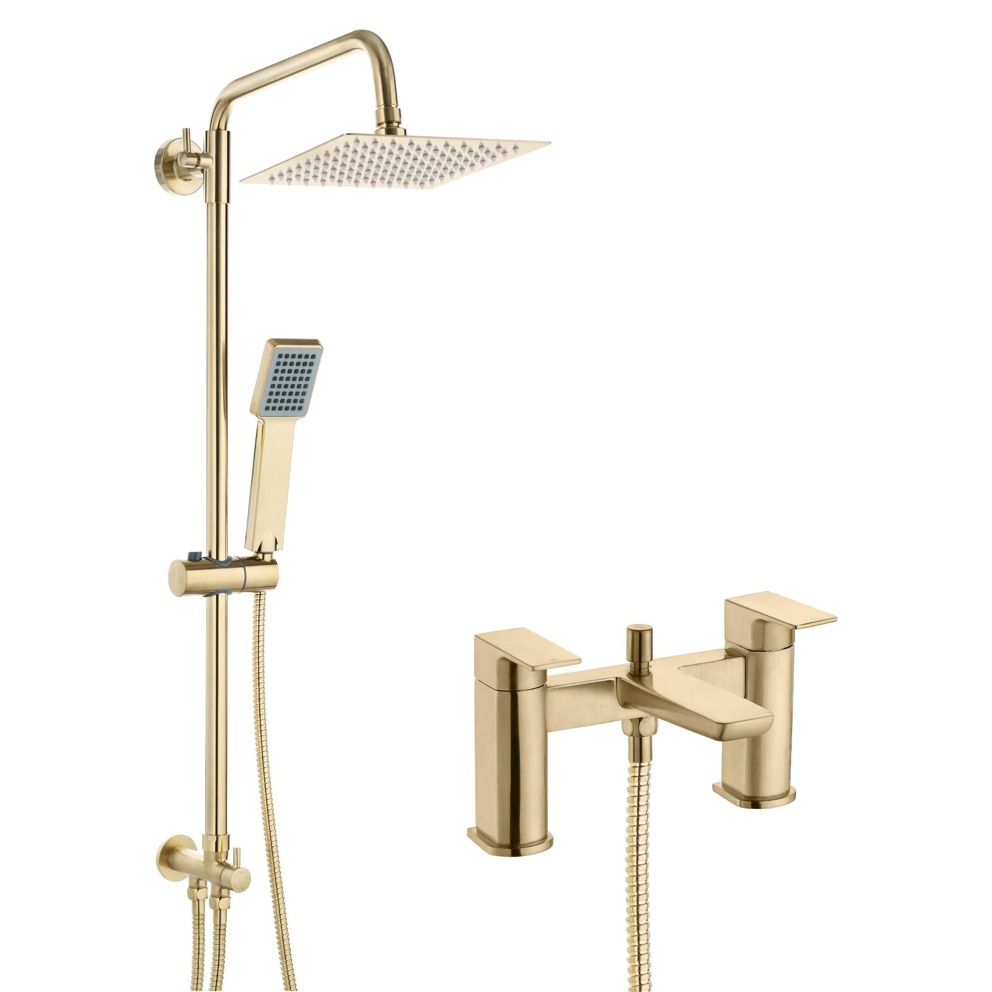 ENKI, Mykonos, BBT0275, Contemporary Bath Shower Mixer Tap with Dual Rigid Riser, Brushed Brass