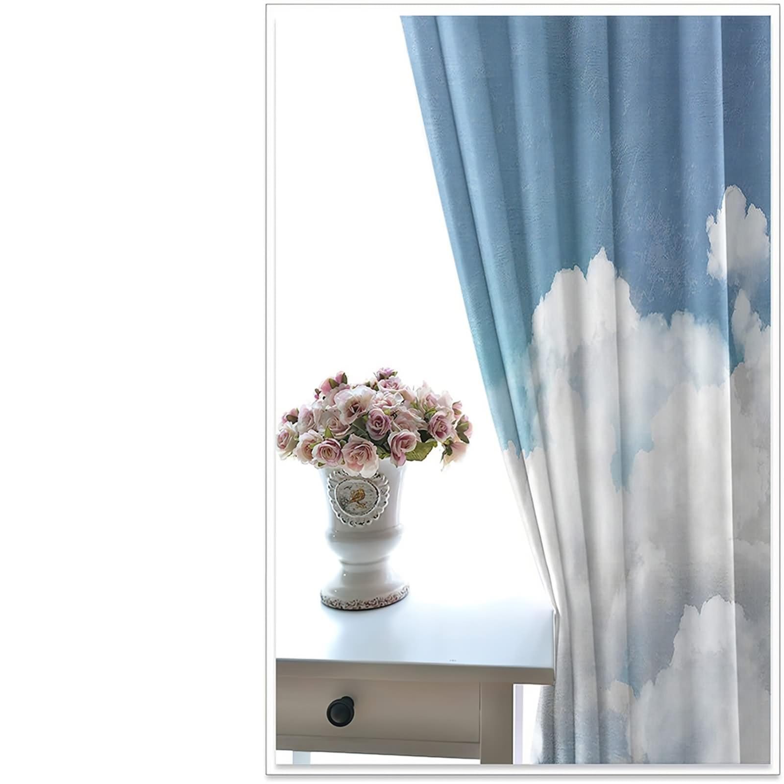 Rideau Salle de Bain Fenetre, Rideaux Cuisine Blanc Bleu Ciel et Nuages Polyester 2 Panneaux 428x274cm