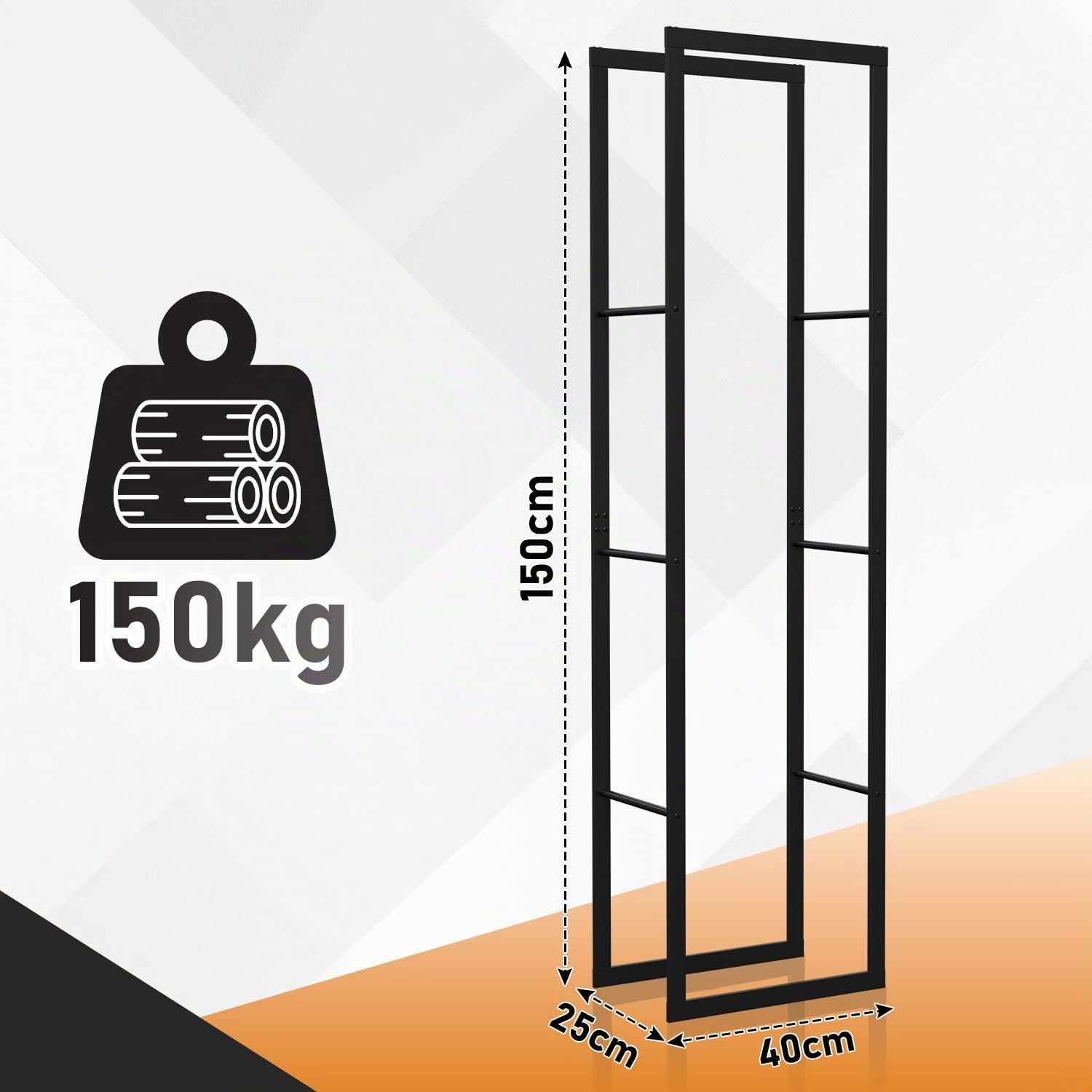 Ikodm kaminholzregal Innen und Aussen, Metall Brennholzregal außen 40 x 25 x 150CM, Holzstapelhilfe für Kamin & Ofen, Holzunterstand für Kaminholz Aussen, Schwarz