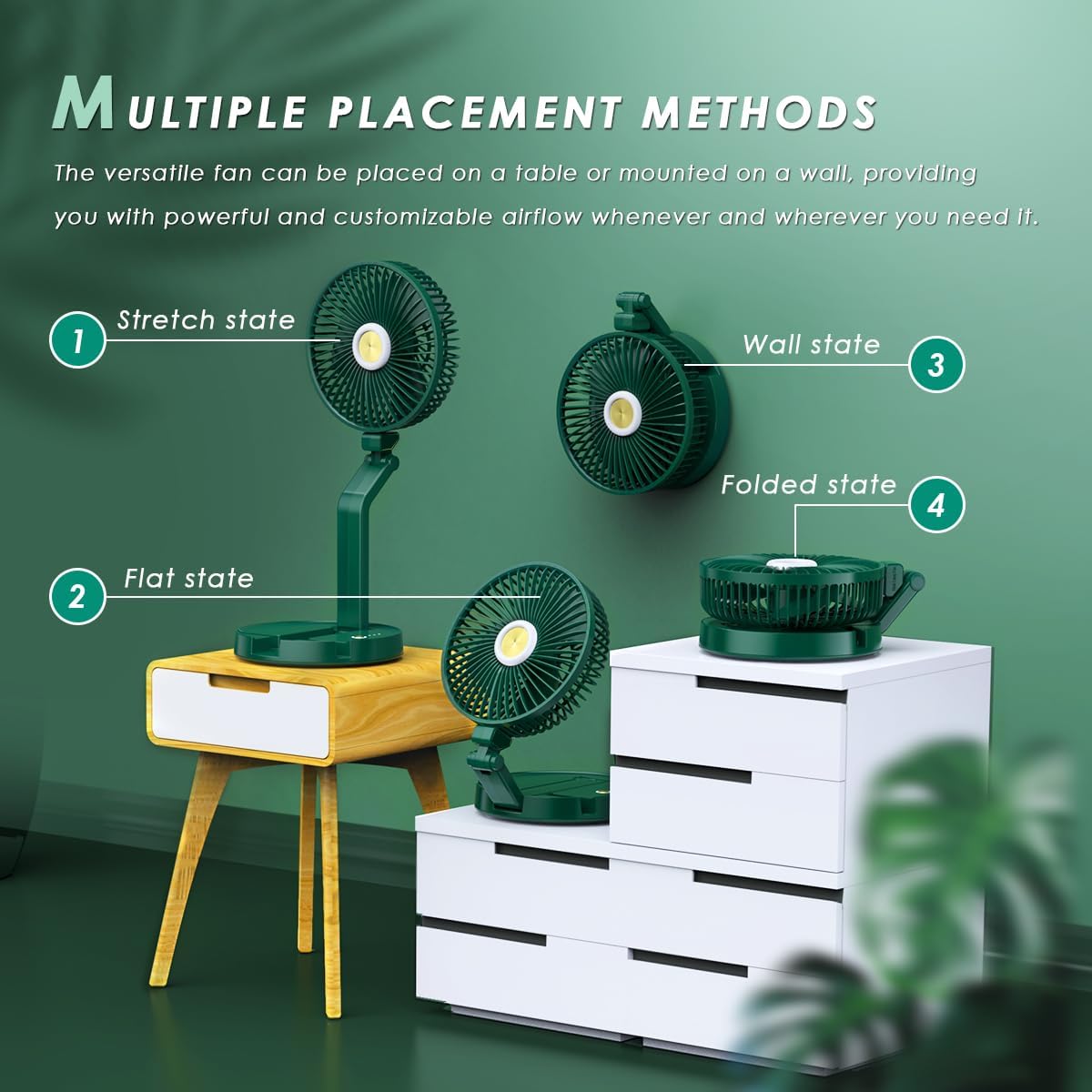KLUFO 7" Foldable Desk Fan Wall Mount Fan, 5200mah Rechargeable USB Small Fan with Night Light, Fan for Bedroom Office Camp Travel