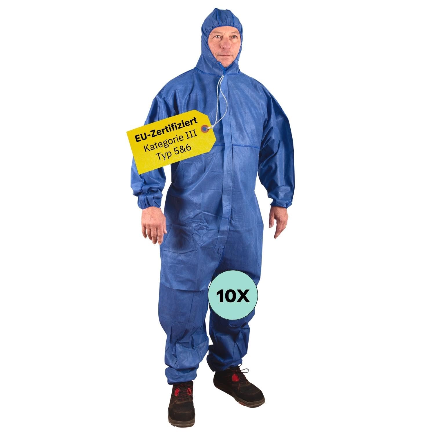 Einweg-Overall Set XXL Kategorie III Typ 5 & 6 in blau I Schutzanzug Einweg I Maleranzug Einweg spritzdicht I Einweg Schutzanzug I Arbeits-Overall Herren & Damen I 4 oder 10 Stk.