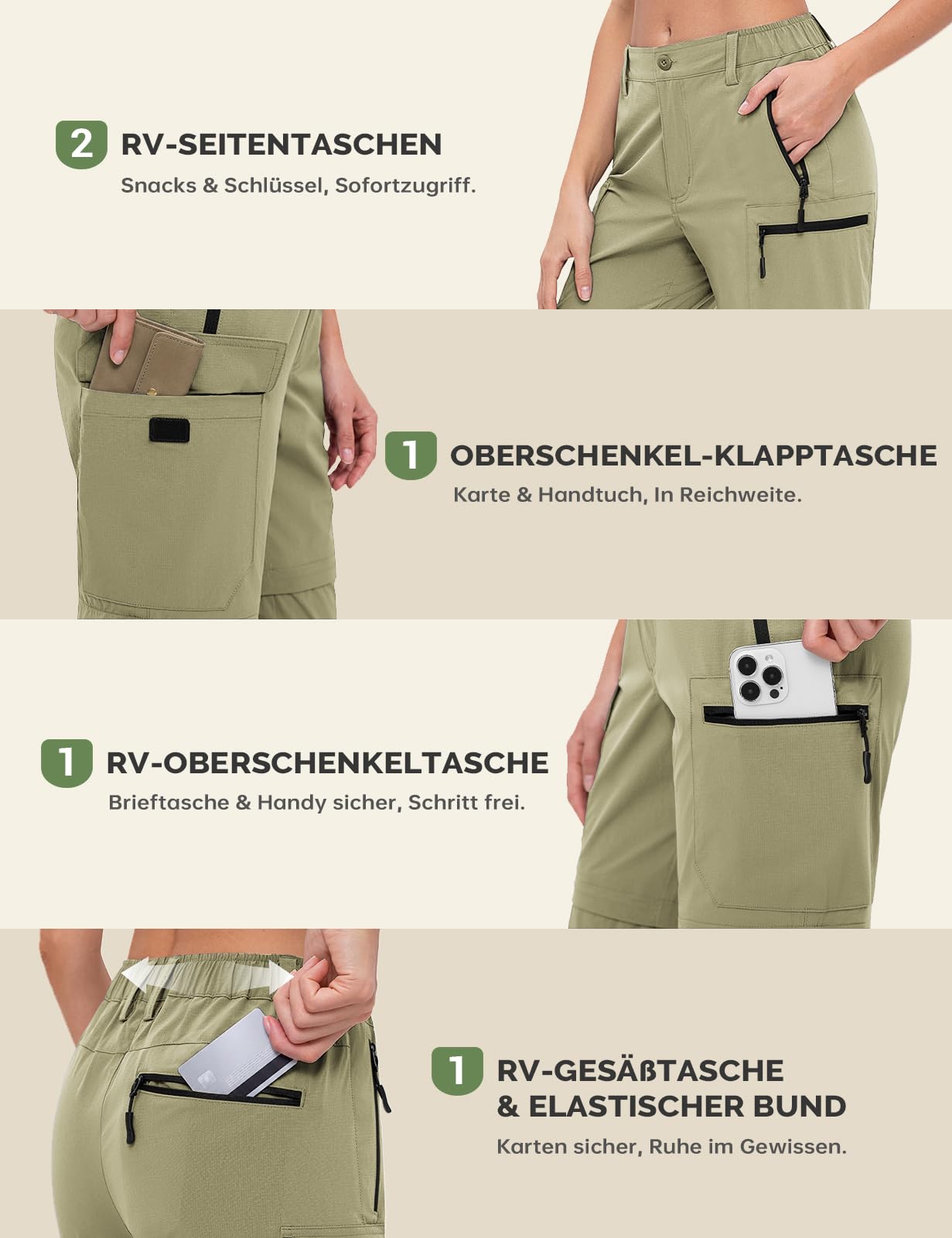 Cycorld Pantaloni da trekking da donna, con cerniera, traspiranti, da trekking, elasticizzati, rimovibili, per attività all'aria aperta, estivi, funzionali