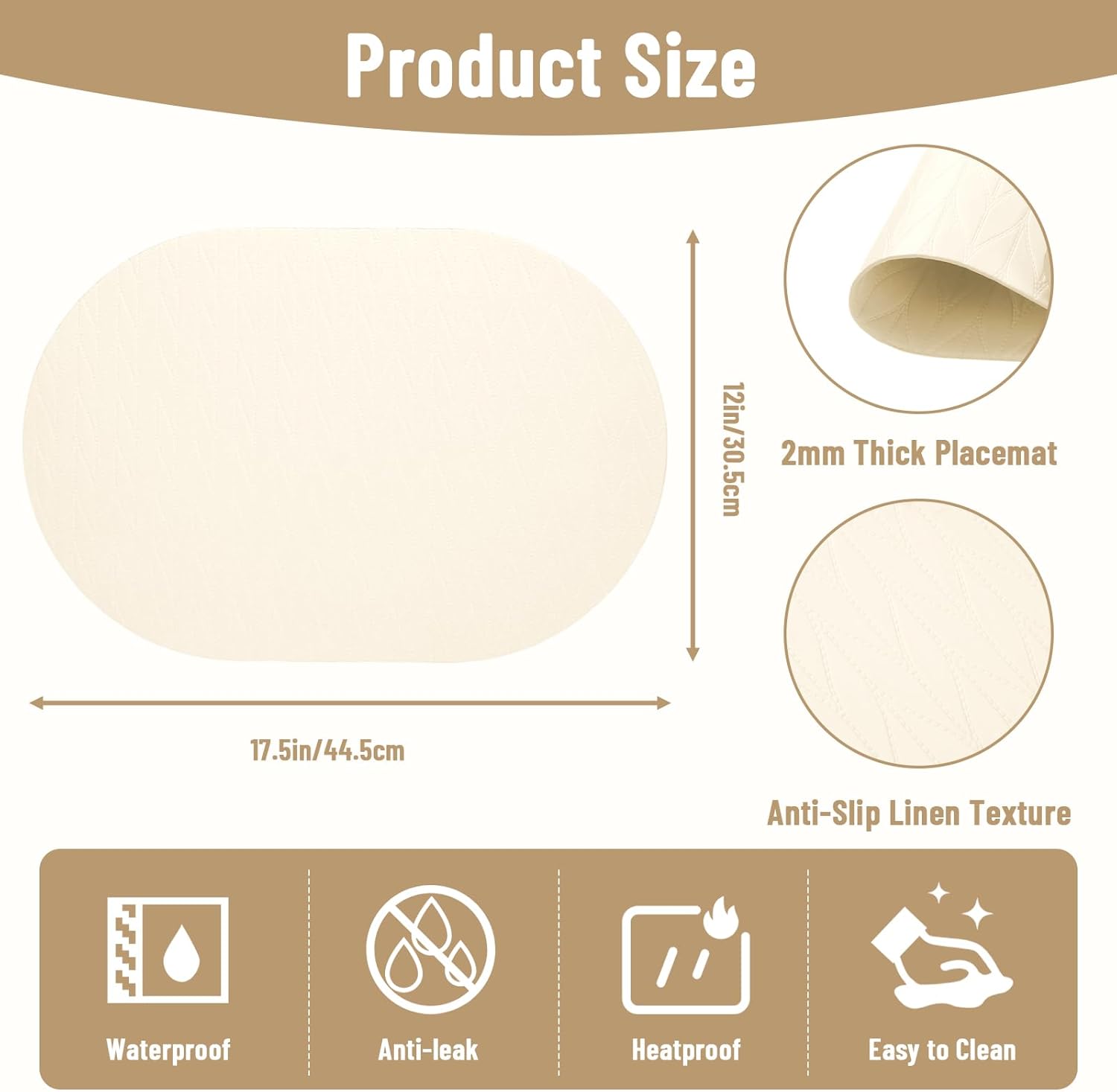 Placemats Set of 6 Double-Sided Faux Leather Leaf Design Oval Placemats for Dining Table Mats Heat Resistant Waterproof Wipeable Washable Non-Slip Kitchen Table Placemats (Beige)