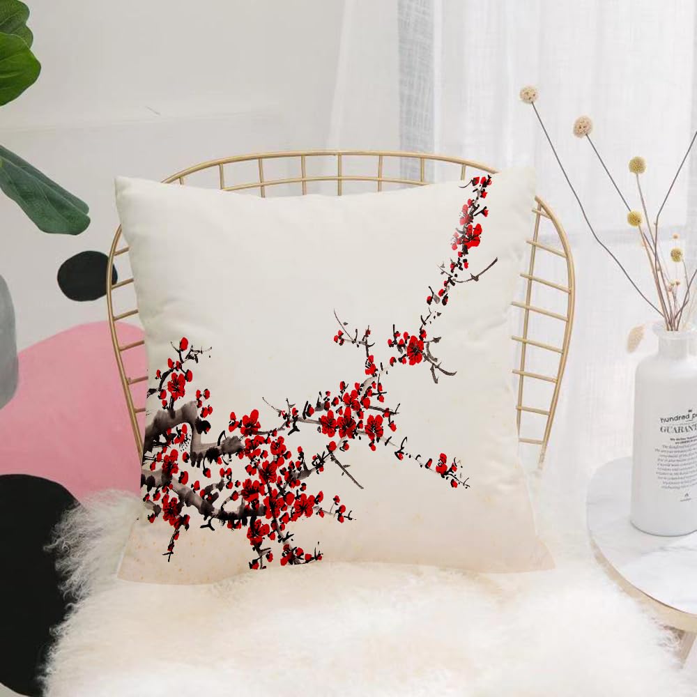 HYOSXW Cushion Cover,Throw Pillow Case Home Decorative for Living Room Bedroom Sofa Chair 16X16 Inch,Art, Elegance Cherry Blossoms Sakura Tree Branches Ink Painting Stylized Patter,Pillowcase 40X40cm