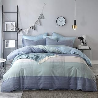 Soft Cotton Striped Queen Duvet Cover Set Kids Full Comforter Cover Twin Men 3 Pieces Geometric Plaid Bedding Sets Reversible Grey Green Comforter Duvet Cover Set for Teens Boys Queen Bedding