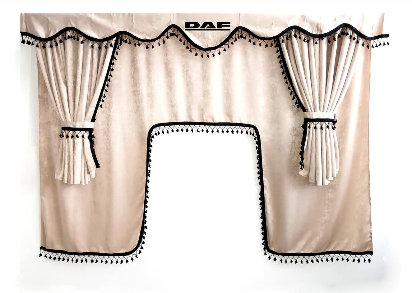 Perflex Ensemble complet de rideaux pour camion avec pompons avec logo DAF Beige, gris