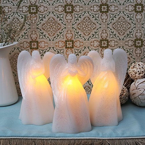 Angel Flameless Candles - Set of 3 Guardian Angel Figurines with LED Lights, 7 Inch, White Glitter Wax, Battery Operated, 5 Hr Timer - Sympathy Gift, Easter Decoration or Religious Decor