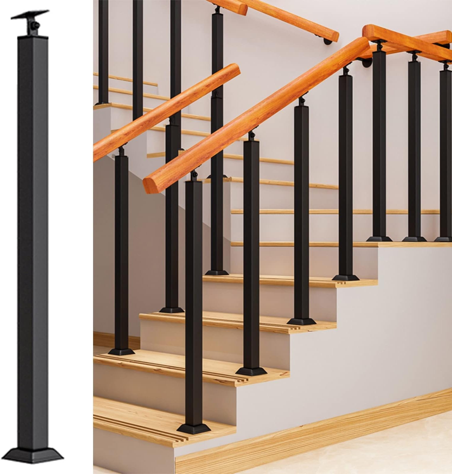 LSMKKA Step Railing Indoor, Inside Hand Rails Vertical Post for Home Hotel Stairs, Metal Square Deck Baluster Column Wooden Handrail with Tilt Top Bracket & Base (Color : Post height 85cm/33.5")