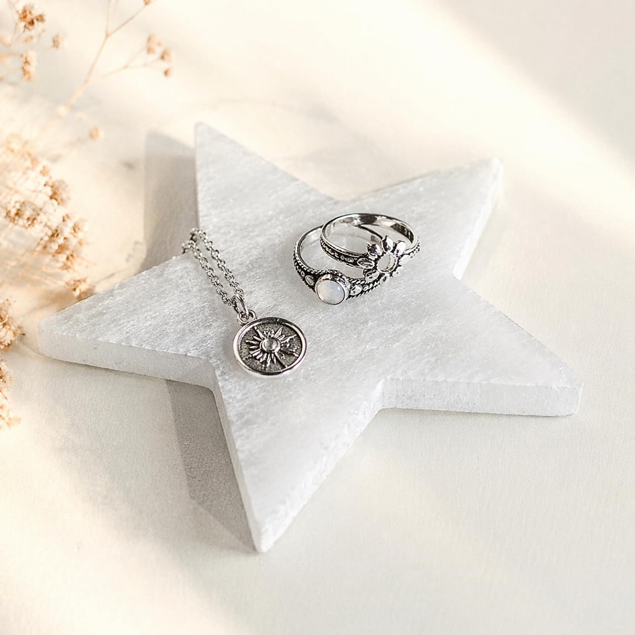 NKlaus Piastra selenite stella 12 x 1 cm – piastra selenite a forma di stella per meditazione, lavoro energetico e spazi spirituali, fatta a mano per conservare pietre preziose o gioielli,