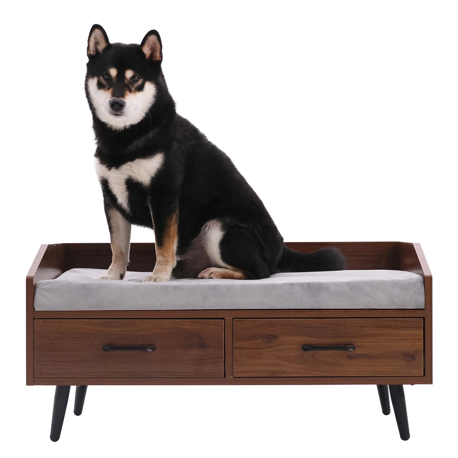 Elevated Dog Bed for Small to Medium Dogs – 32” x 21” Indoor Wooden Pet Sofa with Soft Cushion, Mid-Century Modern Style, Sturdy & Stylish (Walnut)
