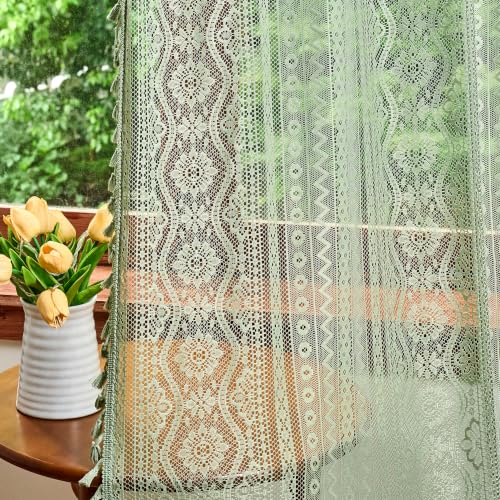 Image of MYSKY HOME Boho Lace Sheer Curtains with Tassel 96 Inch Long 2 Panels Vintage Floral Bohemian Crochet Geometry Light Filtering Privacy Rod Pocket Drapes for Living /Dining Room, 55 inch W, Sage Green