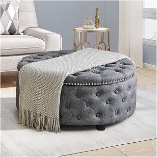 INMOZATA Chesterfield Coffee Table Buttoned Linen Footstool Upholstered Stool Round Pouffe Seat Foot Stool for Living Room Bedroom Dark Grey