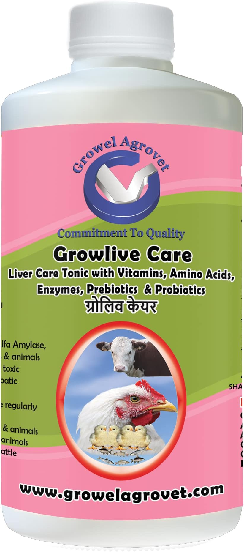 Growel Agrovet Growlive Care : Liver Tonic with Vitamins and Probiotics for Aqua, Poultry, Cattle, Horse, Pig, Goat, Sheep, Pigeon and Birds – 1000 ml.