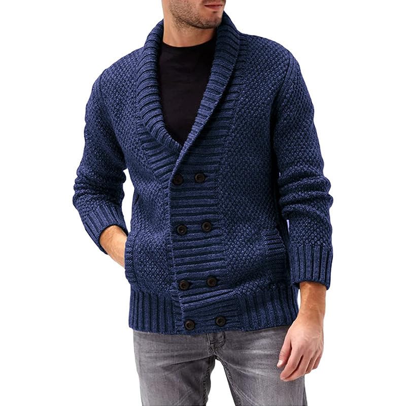 bifanxi Men's Double-Breasted Lapel Cardigan Sweater with Long Sleeves for Autumn and Winter | Dark Blue | L-picture-38