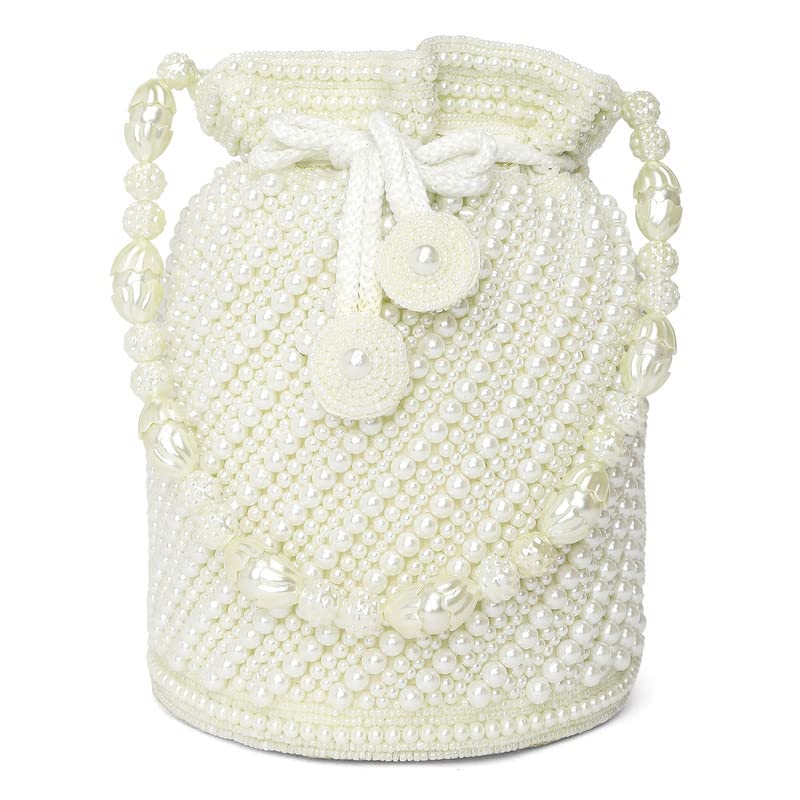 Aheli White Potli Bag Gift for Women Handmade Evening Wristlet Handbags Stylish Bridal Purse Fashion Bag