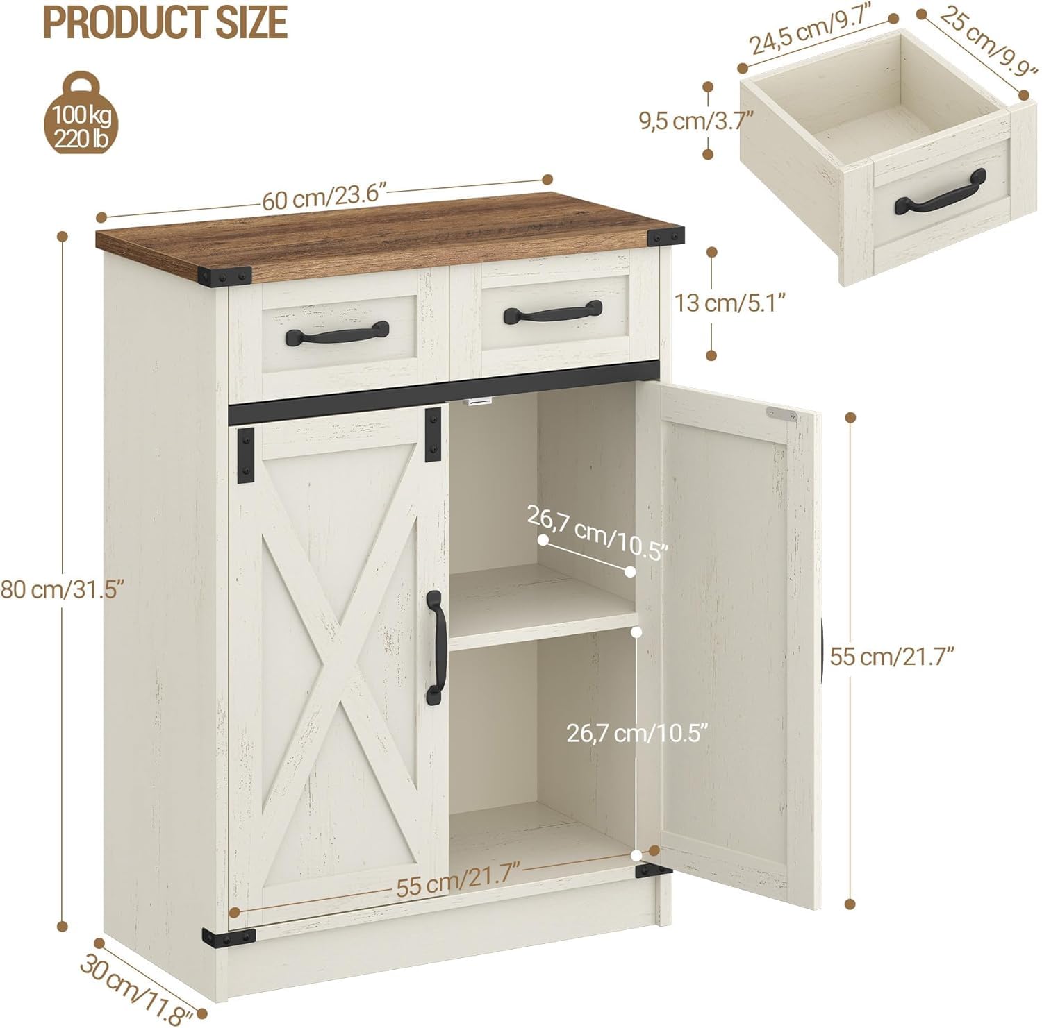 Hzuaneri Mobile da Bagno, Mobiletto da Bagno con 2 Cassetti e 2 Ante, Mobiletto da Cucina, Ripiano Regolabile, 30 x 60 x 80 cm, Bianco Rustico e Noce Medio SC62414X
