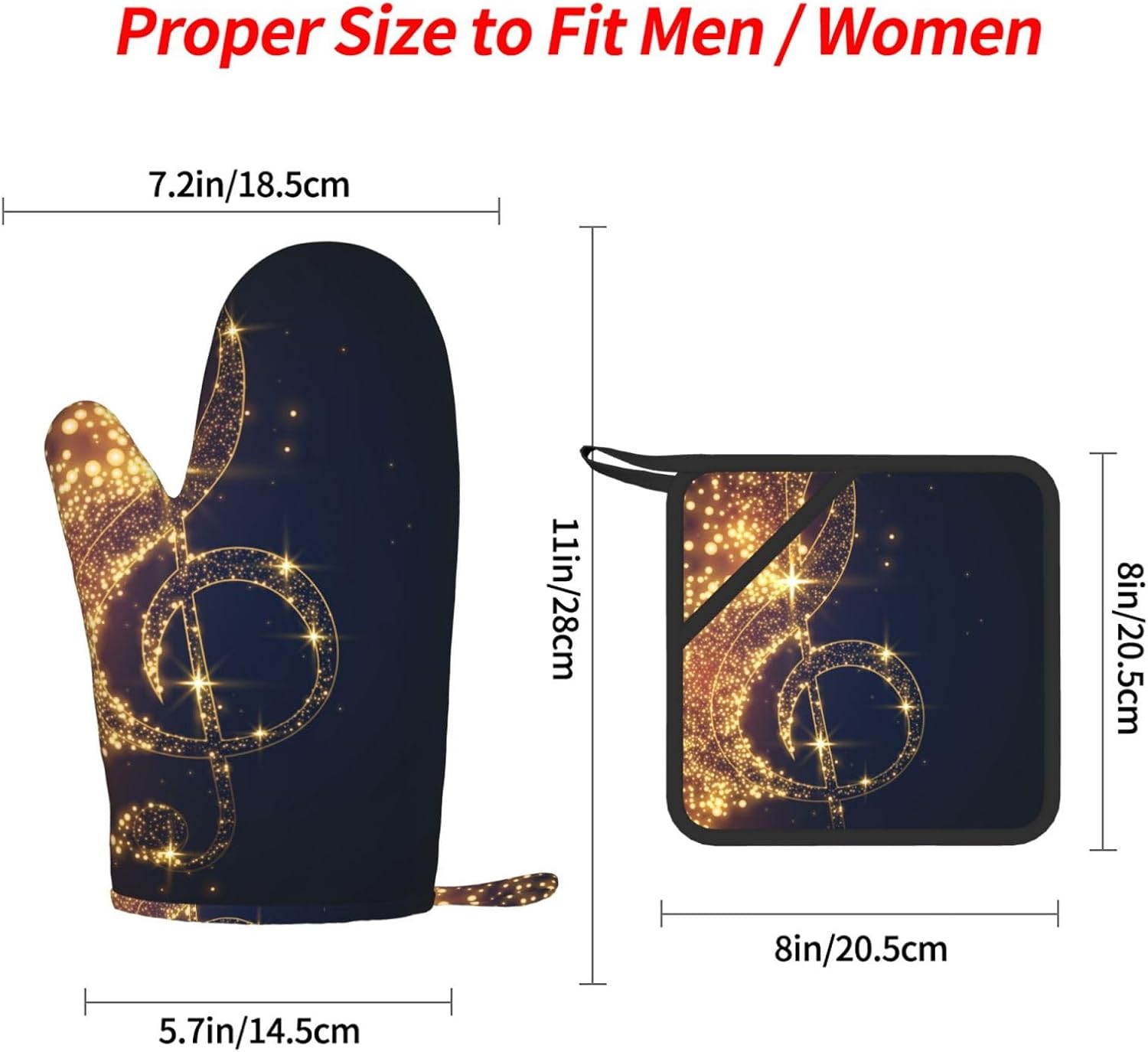 Gold Musical Note with Shiny Star Oven Mitts and Pot Holders Set of 4 Heat Resistant Kitchen Gloves with Silicone Palm Hot Pads for Baking Cooking Grilling BBQ