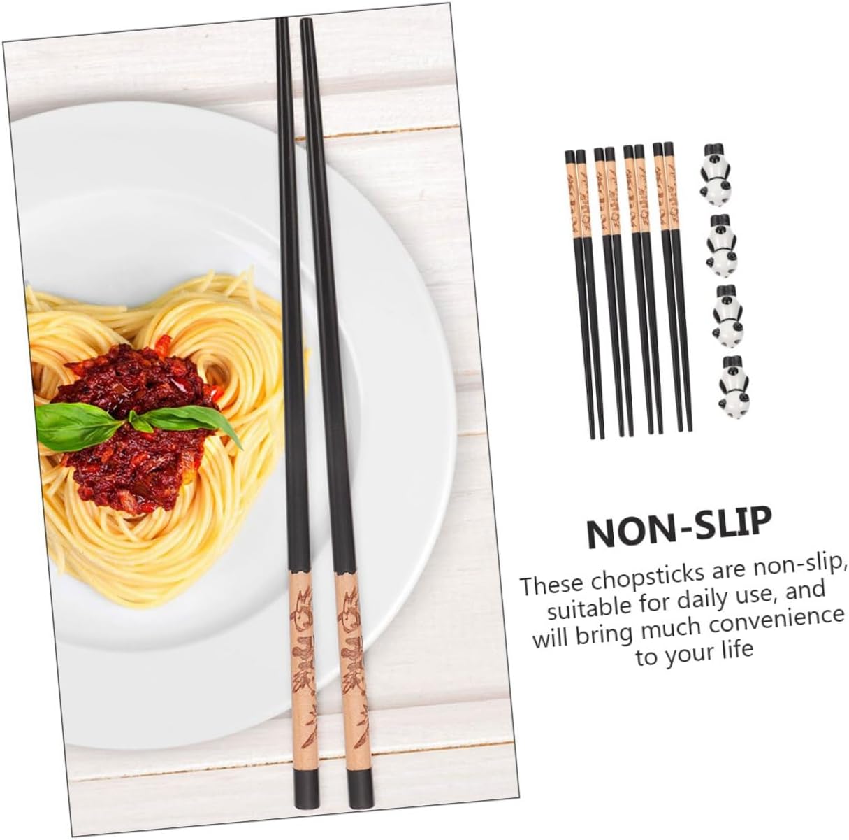 Panda Ceramic Chopstick Rests with 12pcs Reusable Wood Chopsticks Set for Beginners and Dining Includes 4 Porcelain Holders