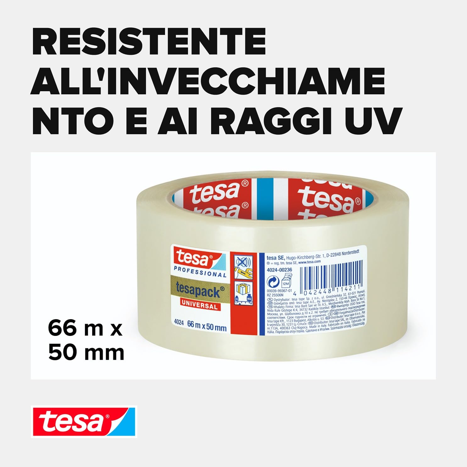 tesapack 4024 Universal PP, Confezione da 36 nastri per pacchi in film PE, srotolamento silenzioso, resistente agli agenti atmosferici e all'invecchiamento Trasparente, 66 m x 5 cm ciascuno