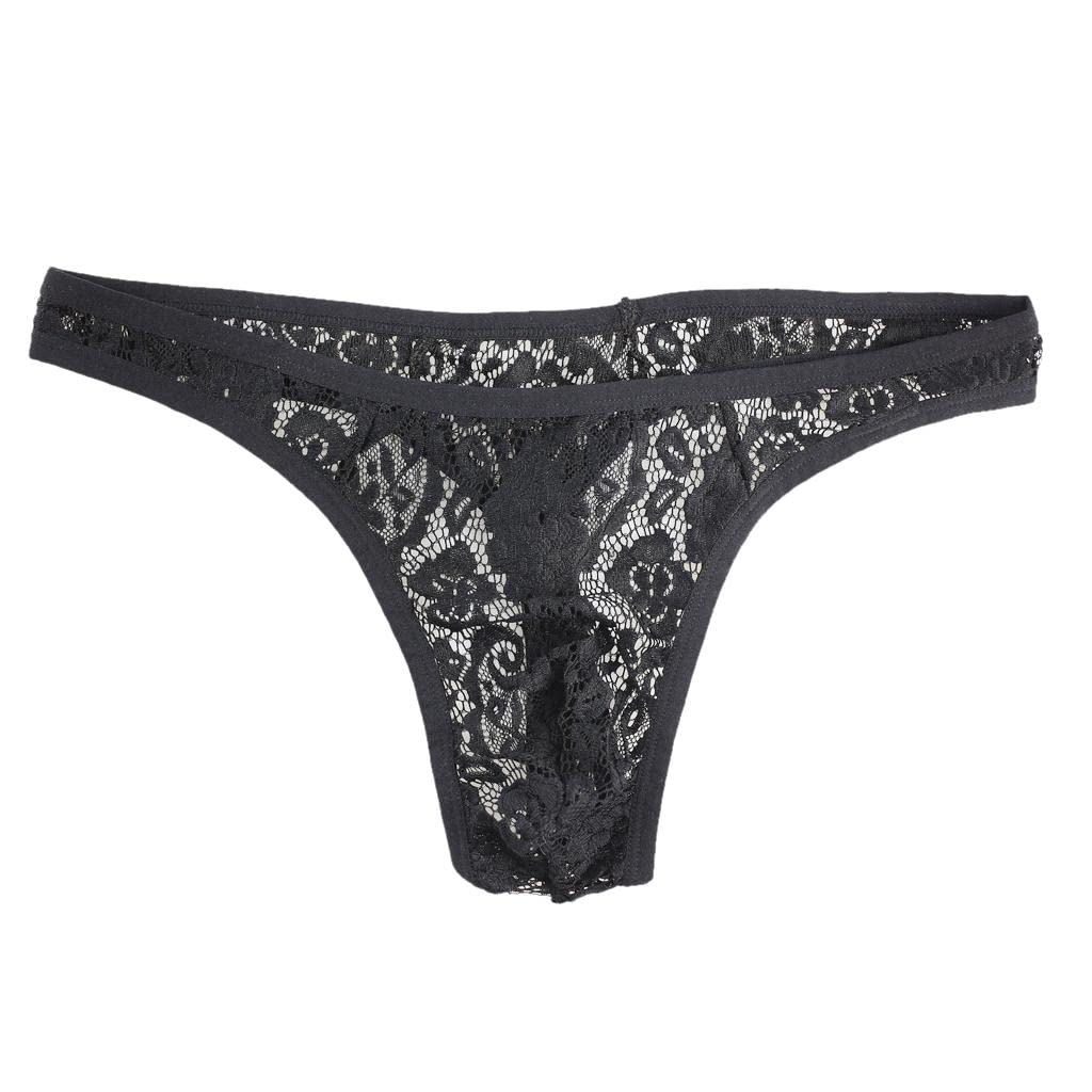 Men's See Through Floral Lace G-String Briefs | T-Back Sheer Underwear for Men | Low Rise Breathable & Comfortable Fit | Charming & Attractive Apparel | Black XXL-image-5