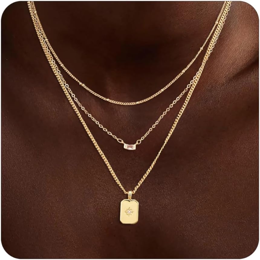 Layered Gold Necklace for Women Trendy,14K Gold Plated Dainty Stackable Cuban Link Herringbone Paperclip Chain Diamond/Coin/Cross/Tag/Mobius Pandent Necklace Set Fasshion Jewelry for Women Gifts