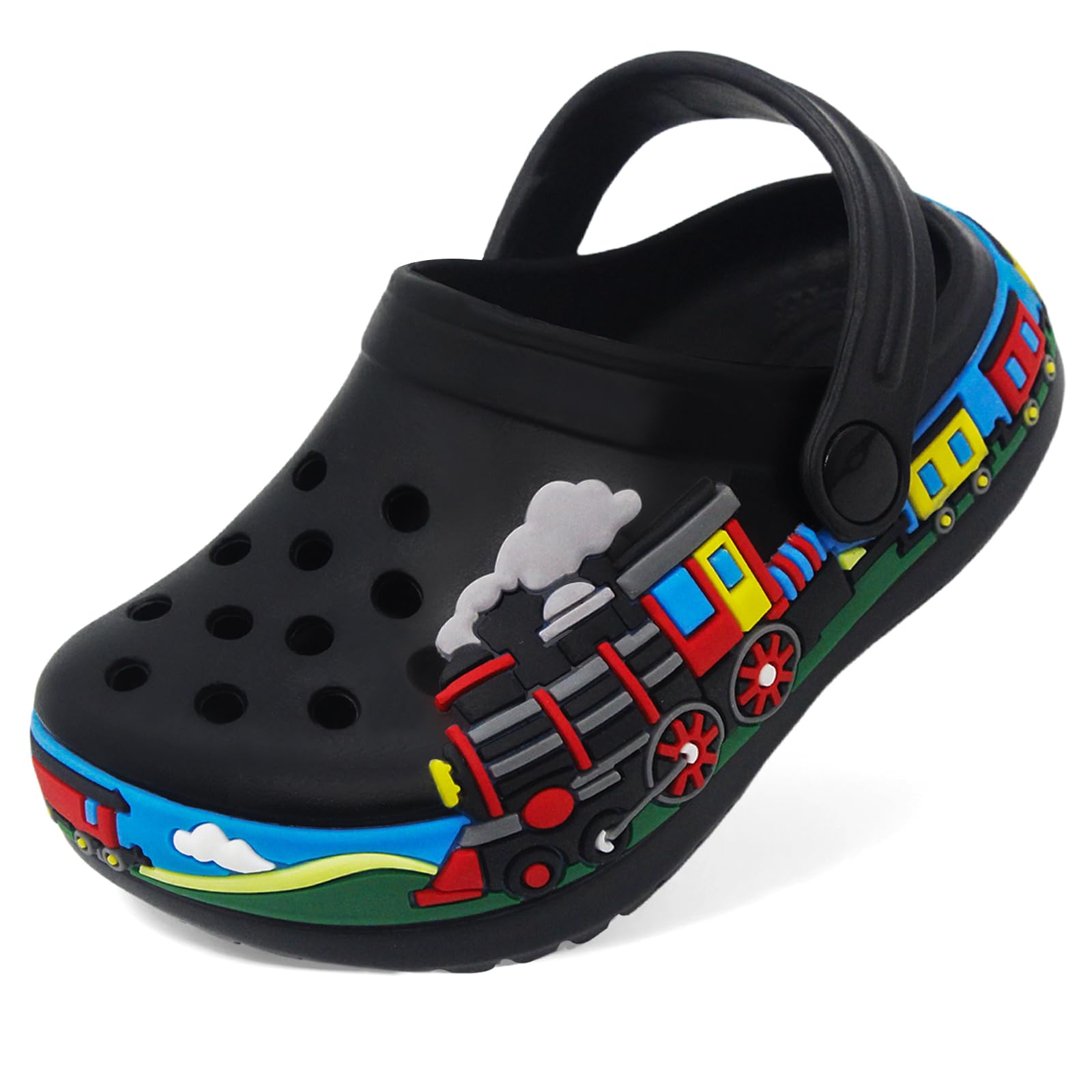 Boys Girls Toddler Clogs Little Kids Slip on Slides Sandals Slippers Cute Cartoon Train Pattern Garden Clogs Summer Indoor Outdoor Beach Pool Water Shoes