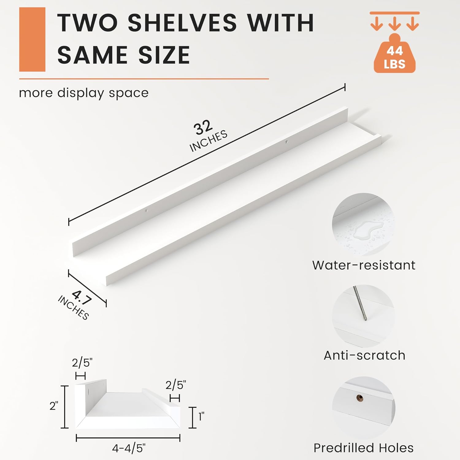 flyjoe picture ledge shelf, floating shelves set of 2, 32 inches nursery book shelves for toys storage, kids bookshelf wall mounted for living room bedroom decor books photo frames, white 32'', set of 2 white