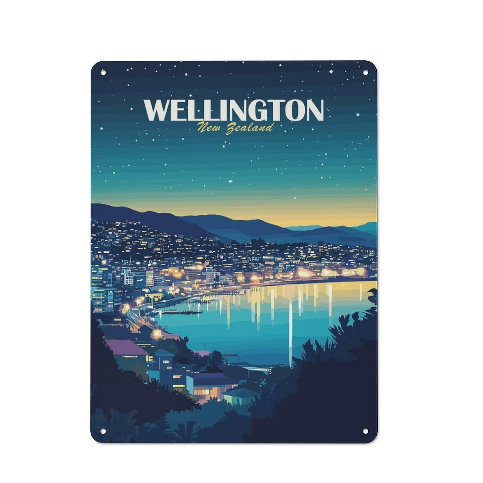 Junmoney Wellington New Zealand Cityscape At Night Rustic Metal Plaque 40X30cm For Man Cave Or Games Room, A Decorative Christmas Gift For Man Cave Decor Fans