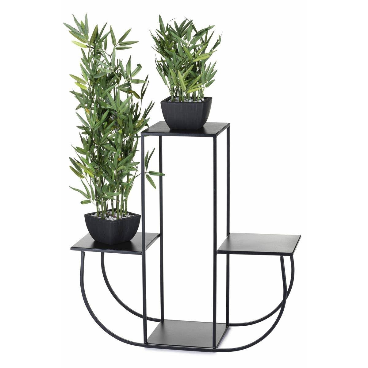 Escalier à fleurs à 4 niveaux - Escalier végétal en métal de 70 cm de haut - Étagère à fleurs avec assiettes de 24 cm en noir pour 4 fleurs - Support de fleurs pour la décoration de la