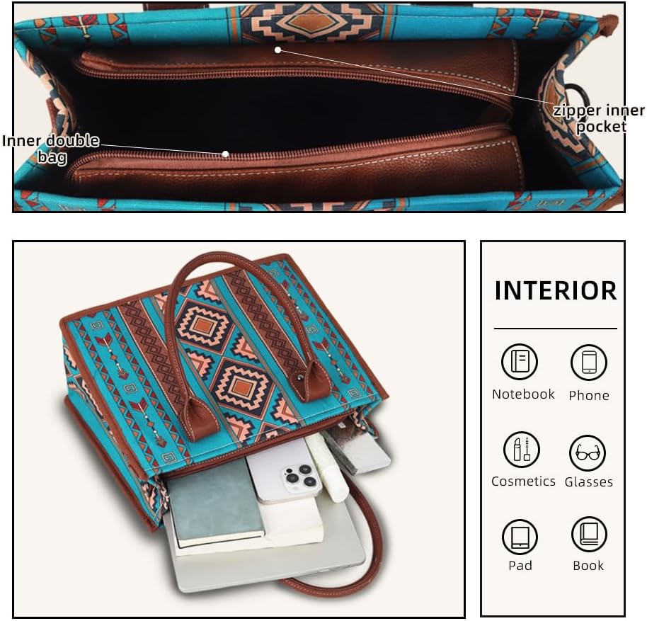 Bohemian Tribal Tote Bag Set, 4-Piece Large Canvas Shoulder Bag with Adjustable Strap, Zipper Closure & Wallet