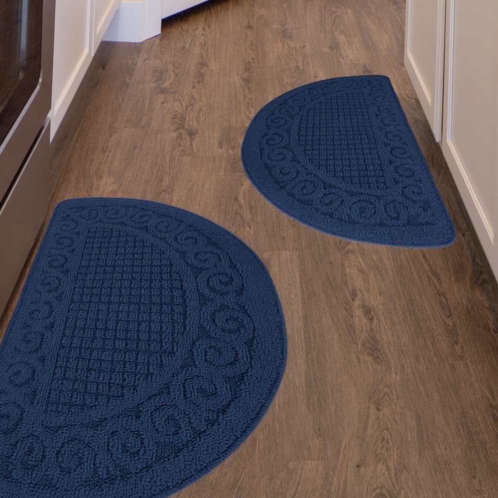 Navy Kitchen Mats for Floor 2 Piece 18”X30”, Non Skid Washable Kitchen Rugs, Absorbent Standing Rug, Throw Rug,Half Circle Carpet for Sink,Laundry Room Area