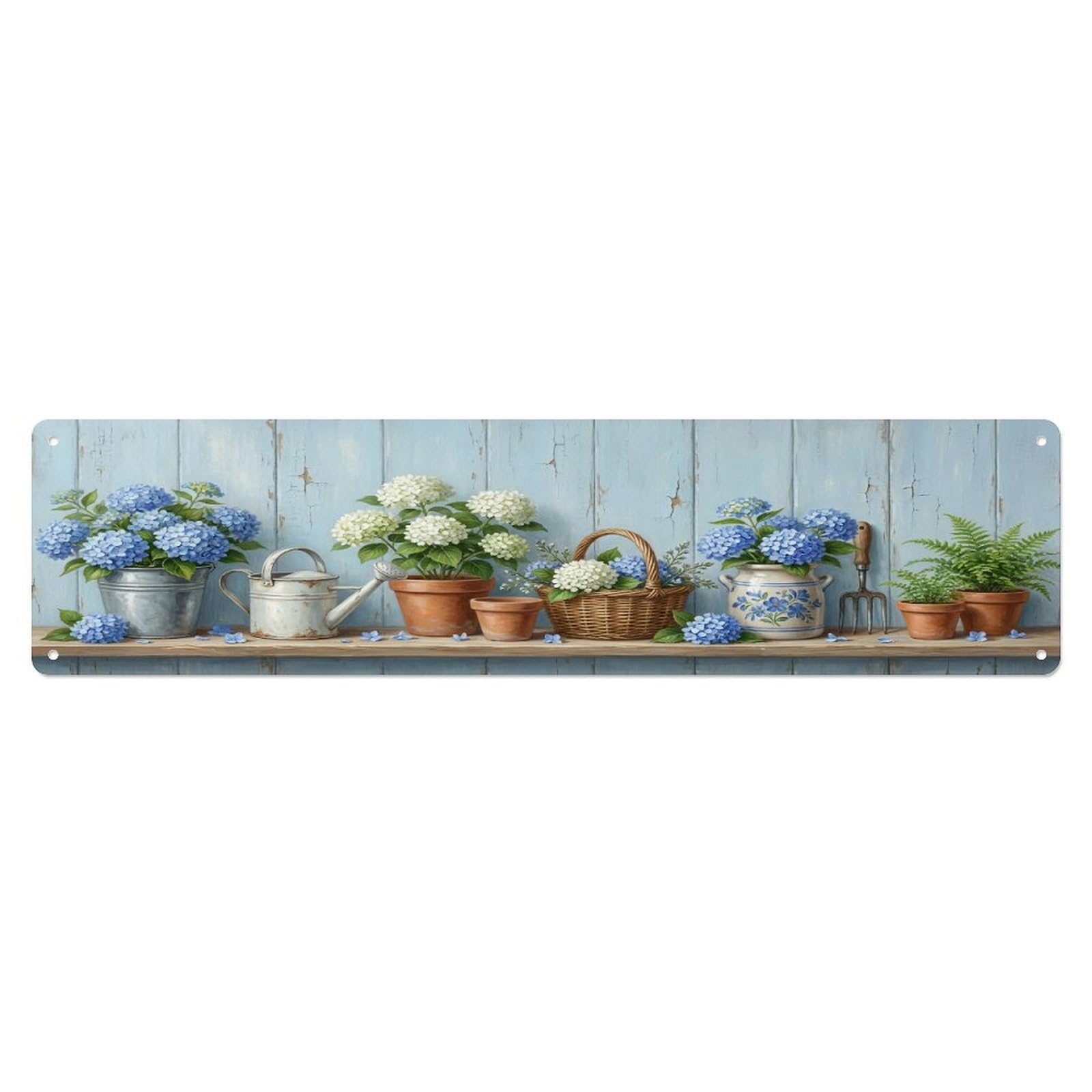 Floral Garden Tools Hydrangea Bucket Pattern Print Metal Tin Sign