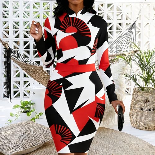 Image of MsavigVice Bodycon Dress Women Mandarin Collar Long Sleeve Knee Length | Vibrant abstract prints with bold varied hues, soft stretch fabric contours curves for sleek versatile everyday styling